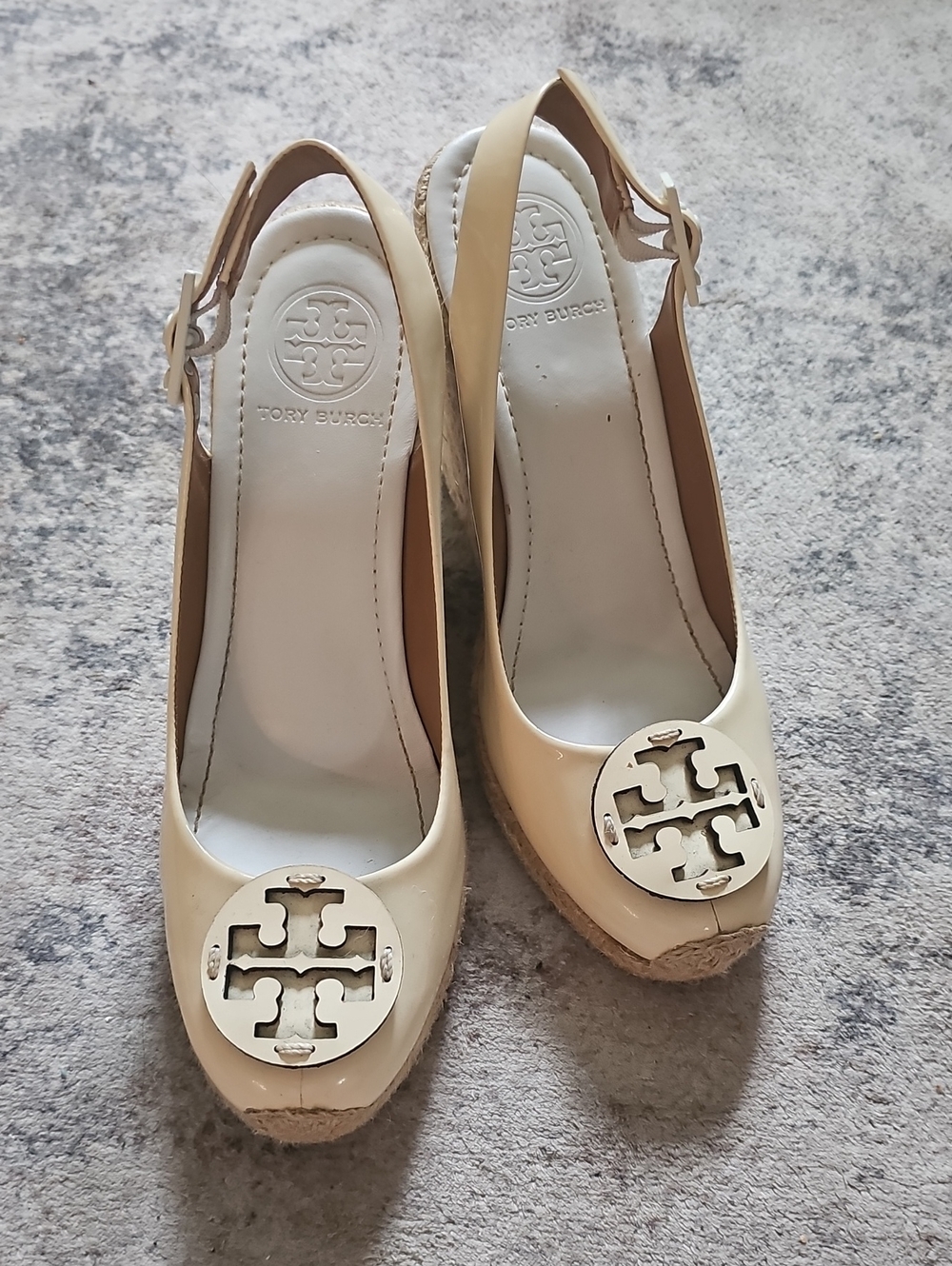 Tory Burch Cream Espadrille Slingback Wedges with Logo Medallion